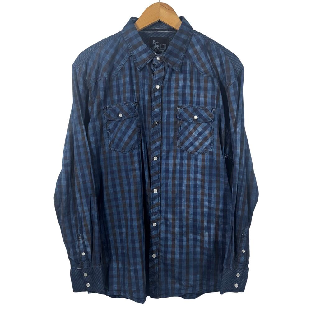 Age of Wisdom Shirt Men Size L Blue Black Pearl‎ Snap Button Down Western Cowboy